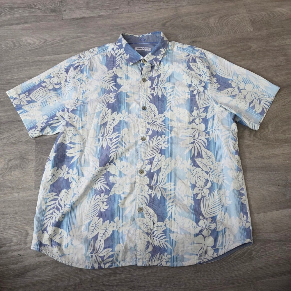 Tommy‎ Bahama Floral Camp Shirt Tropical Hawaiian Button Up Blue Size L